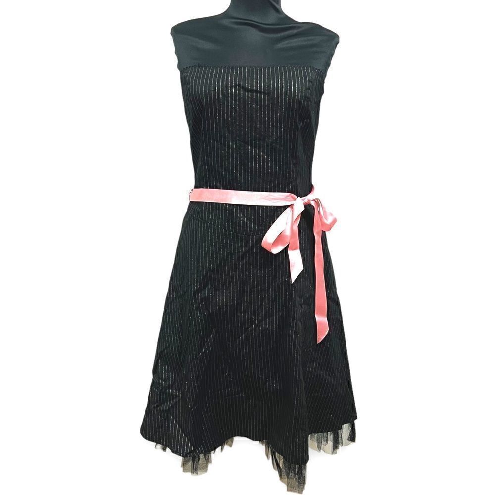 Charlotte Russe black pinstripe party dress sz L pink bow at waist NWT Vintage - Picture 8 of 15